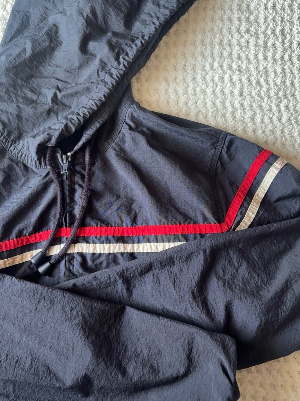 PacSun Navy Cropped Hooded Windbreaker with Red and White Stripe Detail